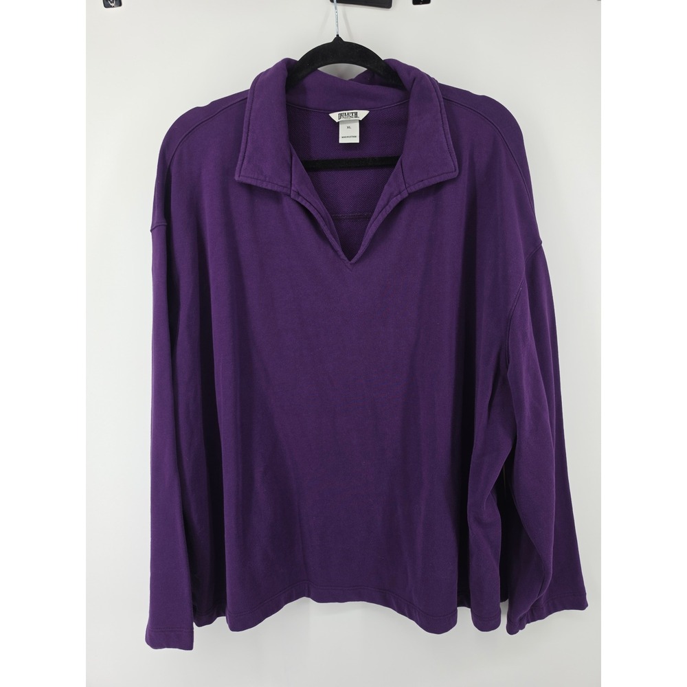 Duluth Trading Co Womens Purple 100% Cotton V-Neck Polo Collar Sweatshirt XL